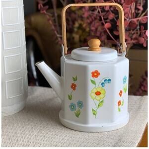 Vintage Tea Kettle Kamenstein White Enamel Bohemian Floral Tea Pot Japan Retro
